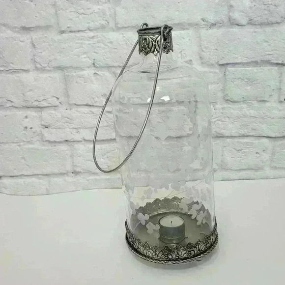 Large 14" Jug  Etched Crystal Tea Votive Candle Holder Silver Metal Handle - Picture 6 of 15